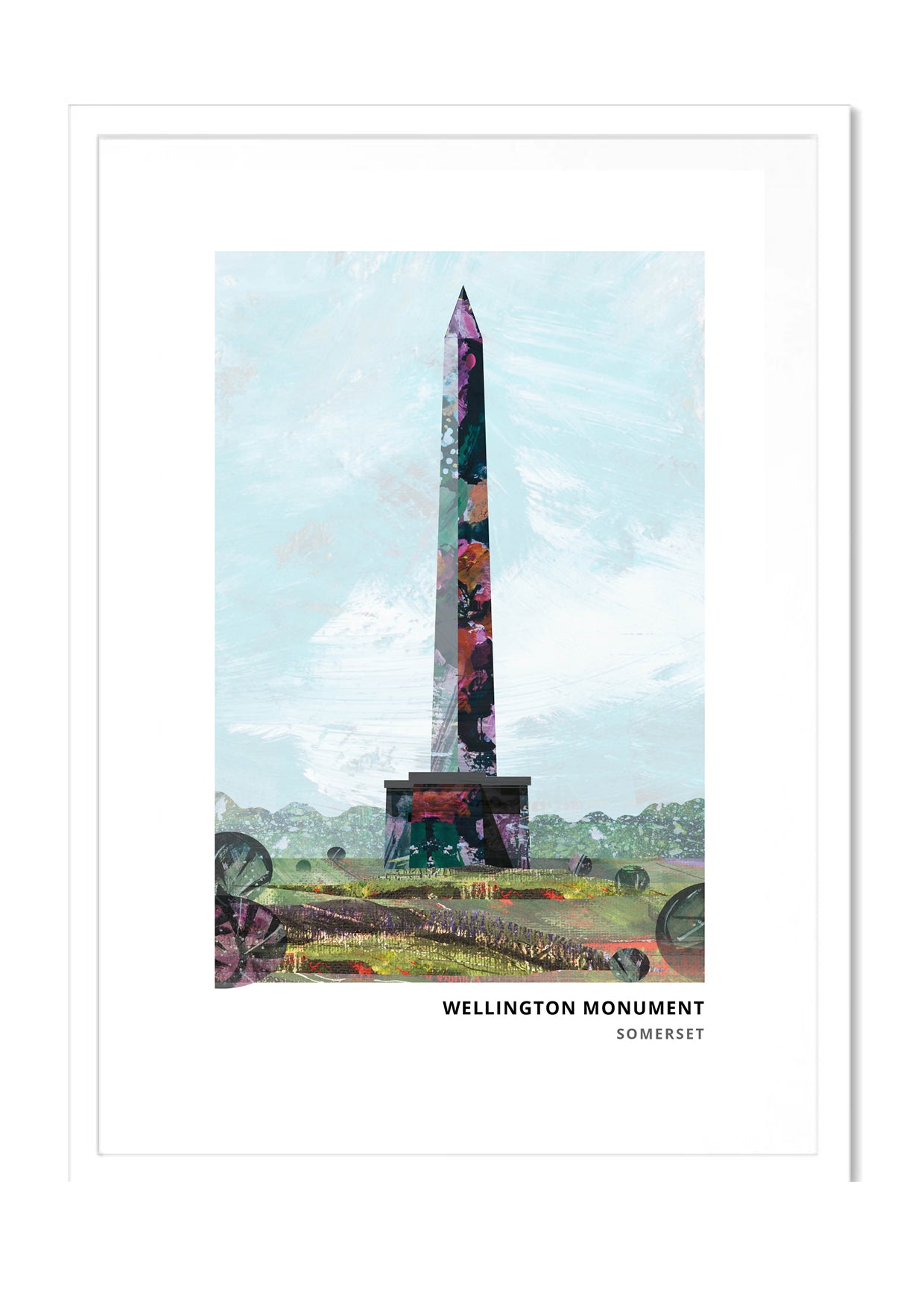Wellington Monument art print by Vicki Shortt, the stone obelisk on the Blackdown Hills above Wellington, Somerset, in a white frame
