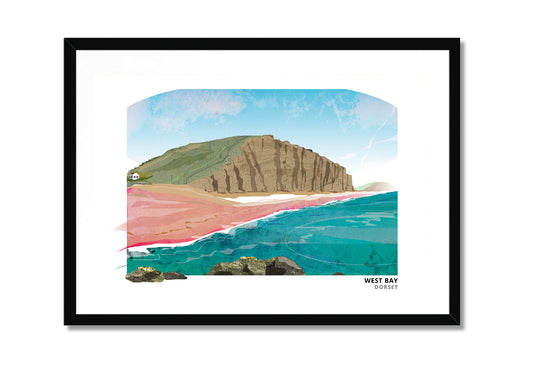 West Bay Dorset art print by Vicki Shortt, the harbour and sandstone cliffs on the Jurassic Coast, in a black frame