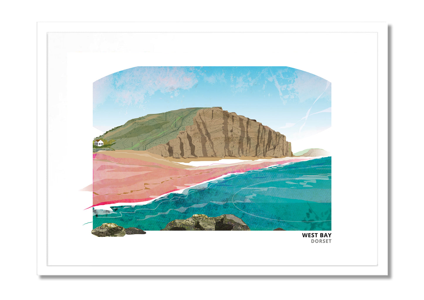 West Bay Dorset art print by Vicki Shortt, the harbour and sandstone cliffs on the Jurassic Coast, in a white frame