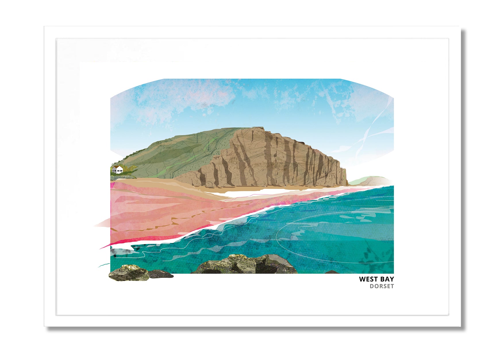 West Bay Dorset art print by Vicki Shortt, the harbour and sandstone cliffs on the Jurassic Coast, in a white frame
