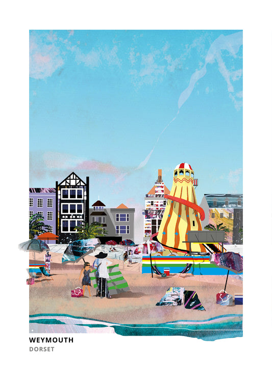 Weymouth Beach art print by Vicki Shortt, the sands and seafront at Weymouth, Dorset