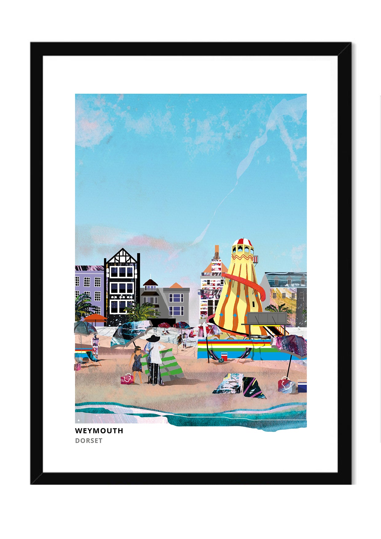 Weymouth Beach art print by Vicki Shortt, the sands and seafront at Weymouth, Dorset, in a black frame