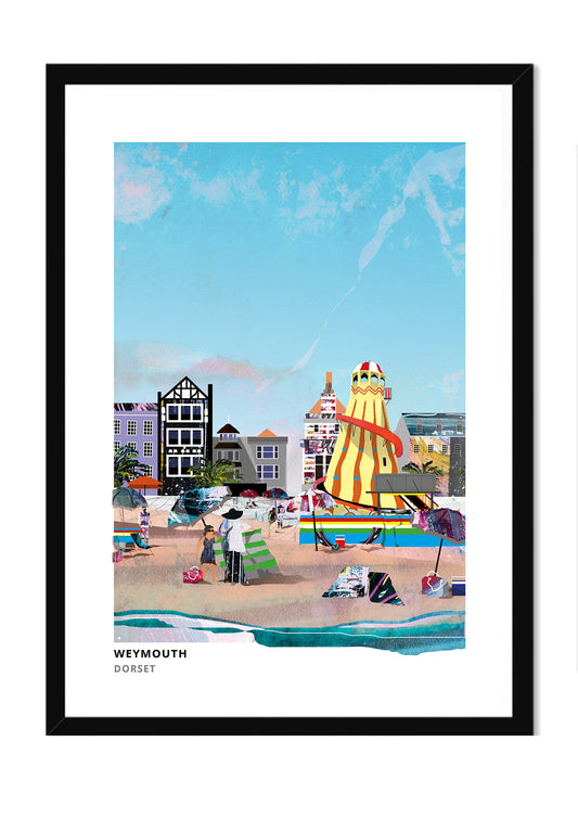 Weymouth Beach art print by Vicki Shortt, the sands and seafront at Weymouth, Dorset, in a black frame
