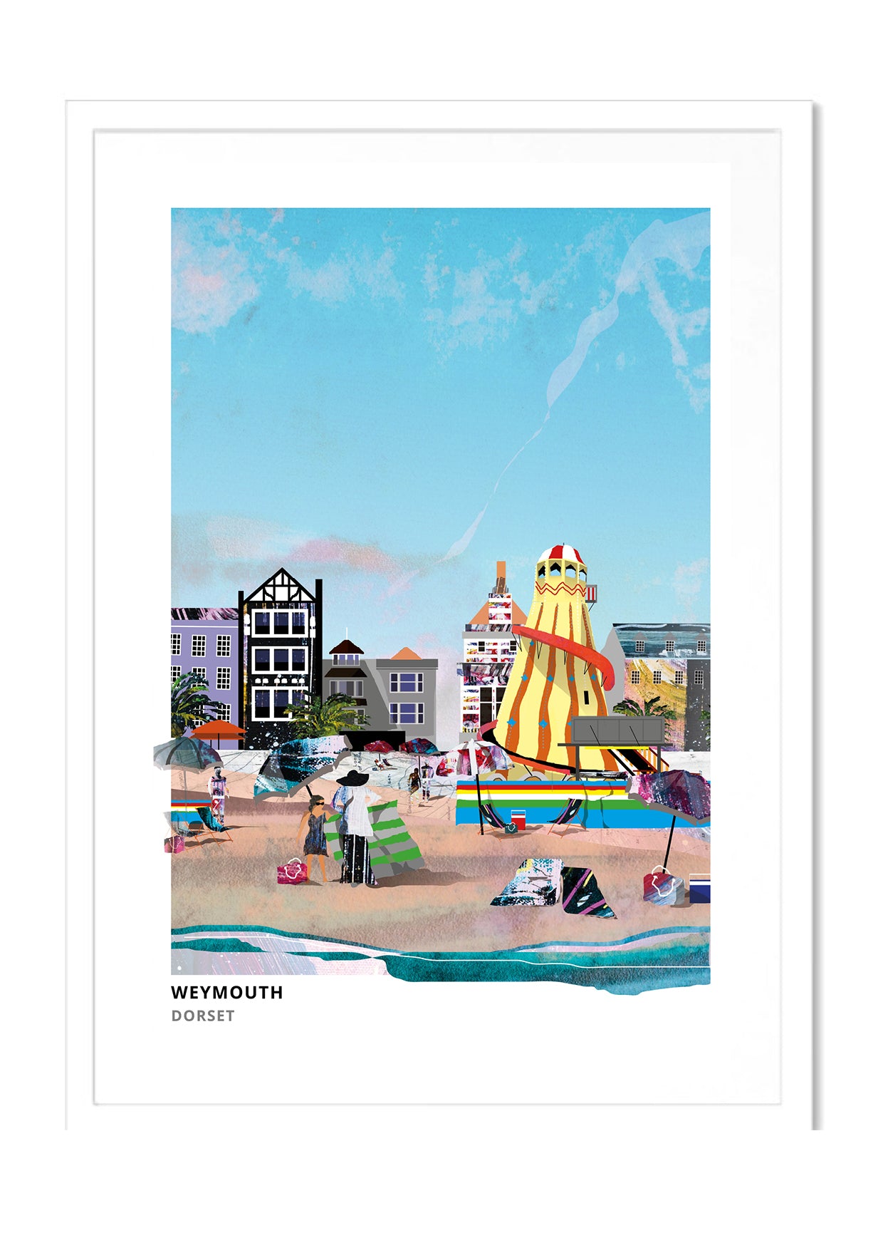 Weymouth Beach art print by Vicki Shortt, the sands and seafront at Weymouth, Dorset, in a white frame