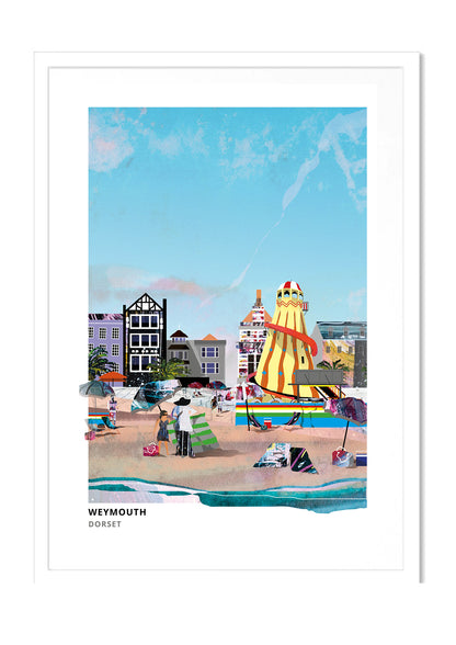 Weymouth Beach art print by Vicki Shortt, the sands and seafront at Weymouth, Dorset, in a white frame