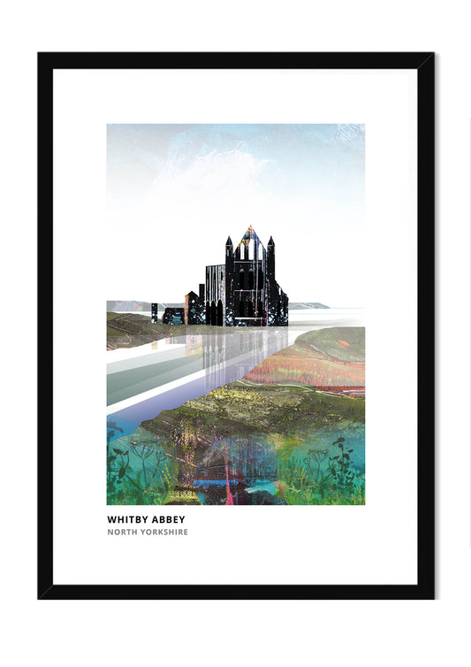 Whitby Abbey art print by Vicki Shortt, the abbey ruins on the East Cliff above Whitby, North Yorkshire, in a black frame