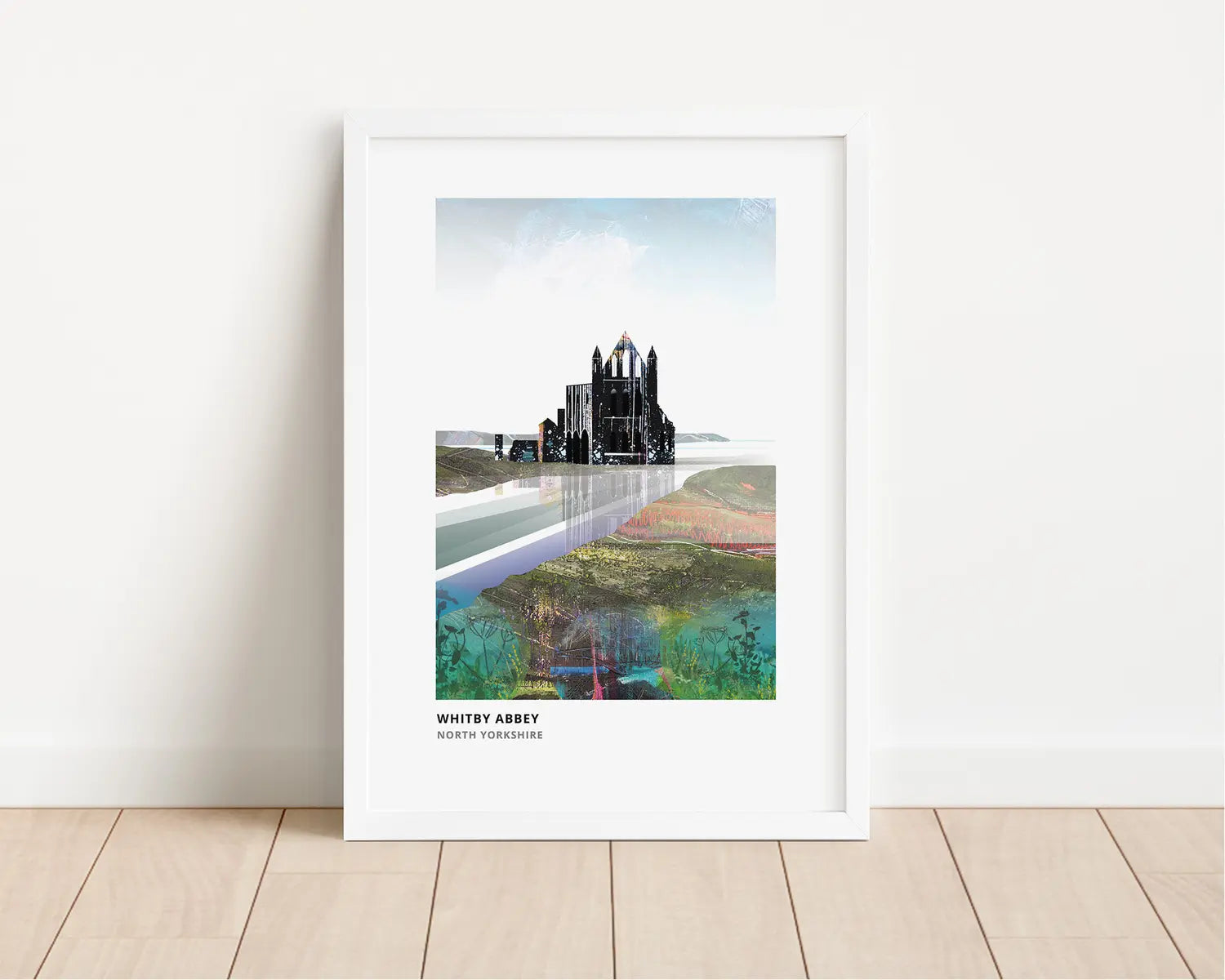 Whitby Abbey art print by Vicki Shortt, the abbey ruins on the East Cliff above Whitby, North Yorkshire, framed in a room setting