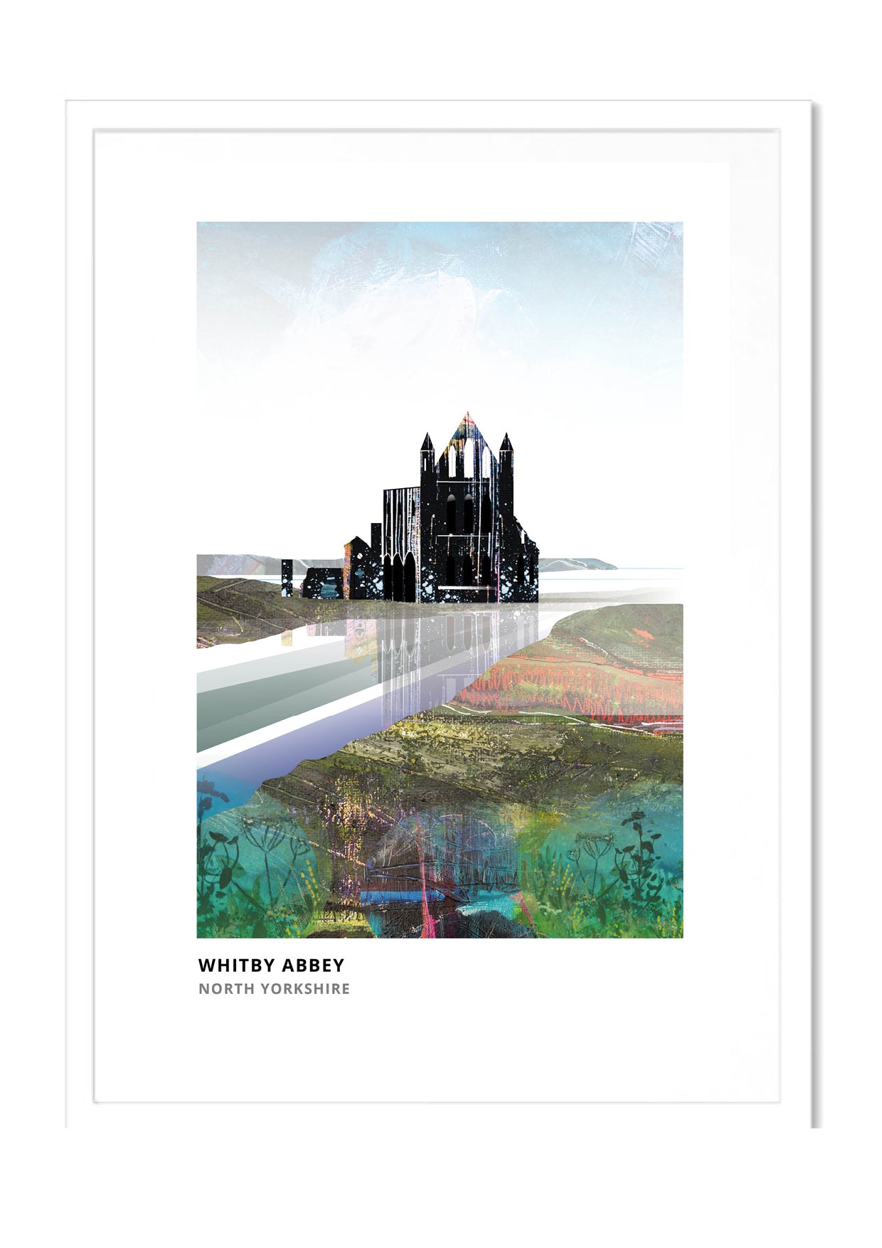 Whitby Abbey art print by Vicki Shortt, the abbey ruins on the East Cliff above Whitby, North Yorkshire, in a white frame