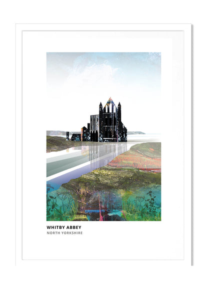 Whitby Abbey art print by Vicki Shortt, the abbey ruins on the East Cliff above Whitby, North Yorkshire, in a white frame
