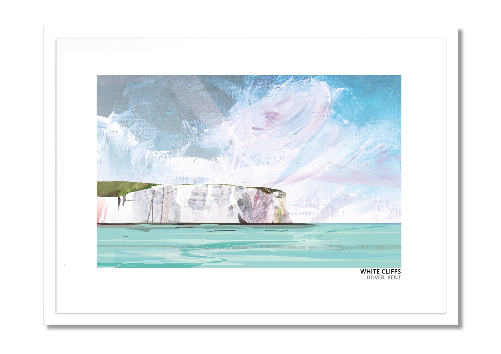 White Cliffs of Dover art print by Vicki Shortt, Design 1, the chalk cliffs rising above the Kent coast at Dover, in a white frame