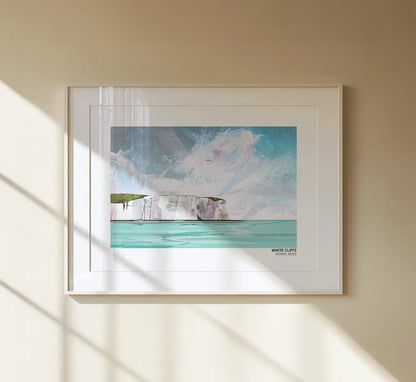 White Cliffs of Dover art print by Vicki Shortt, the chalk cliffs rising above the Kent coast at Dover, framed in a room setting