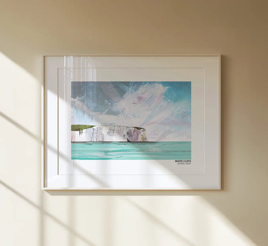 White Cliffs of Dover art print by Vicki Shortt, the chalk cliffs rising above the Kent coast at Dover, framed in a room setting