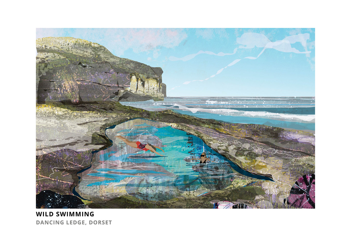 Wild Swimming Dorset art print by Vicki Shortt, swimmers at the rock pool at Dancing Ledge on the Dorset coast