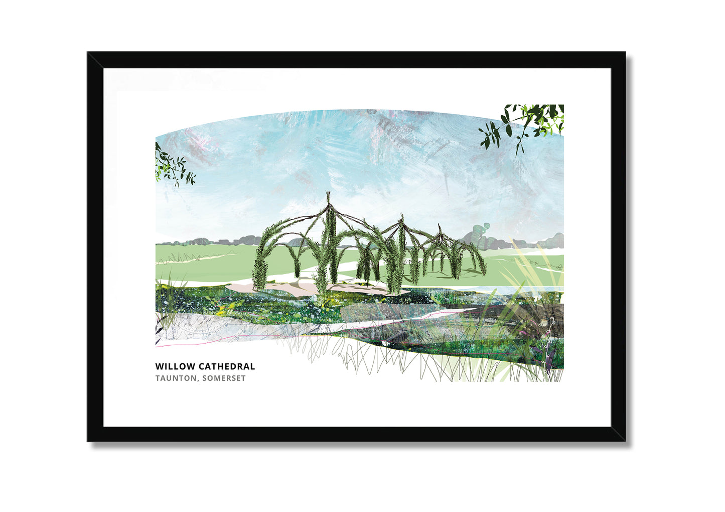 Willow Cathedral, Taunton art print by Vicki Shortt, the living willow structure planted in the park, in a black frame
