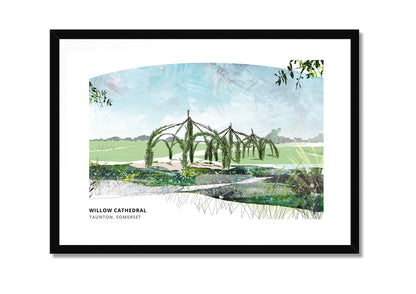 Willow Cathedral, Taunton art print by Vicki Shortt, the living willow structure planted in the park, in a black frame