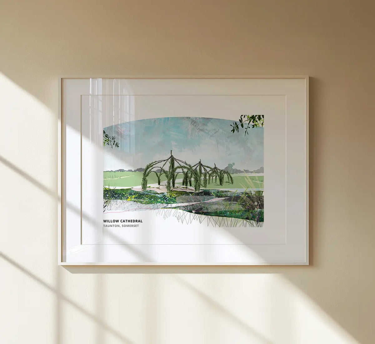 Willow Cathedral, Taunton art print by Vicki Shortt, the living willow structure planted in the park, framed in a room setting