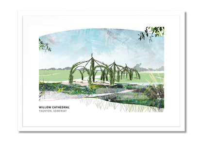 Willow Cathedral, Taunton art print by Vicki Shortt, the living willow structure planted in the park, in a white frame