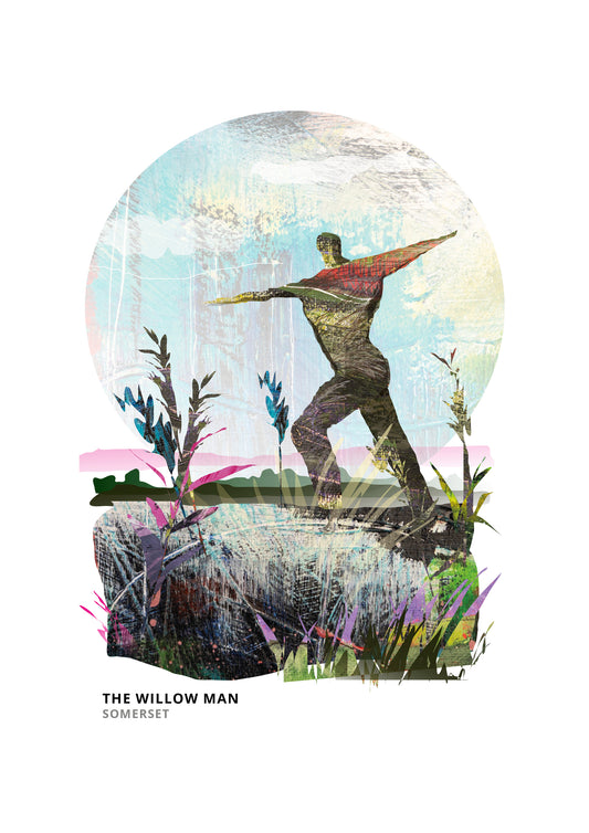 Willow Man art print by Vicki Shortt, the willow sculpture standing beside the M5 in Somerset