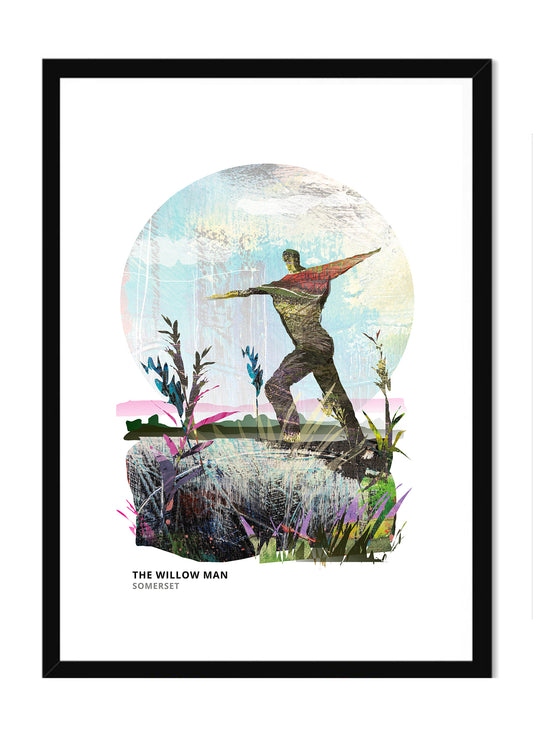 Willow Man art print by Vicki Shortt, the willow sculpture standing beside the M5 in Somerset, in a black frame