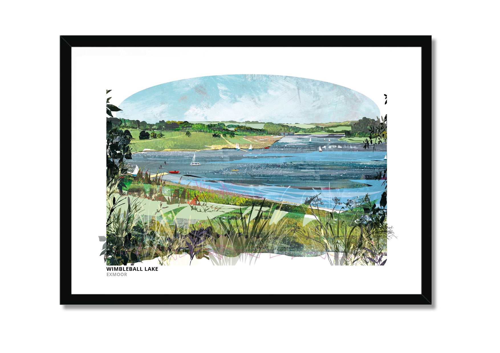 Wimbleball Lake art print by Vicki Shortt, the reservoir set in the hills of Exmoor, Somerset, in a black frame