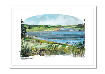 Wimbleball Lake art print by Vicki Shortt, the reservoir set in the hills of Exmoor, Somerset, in a white frame