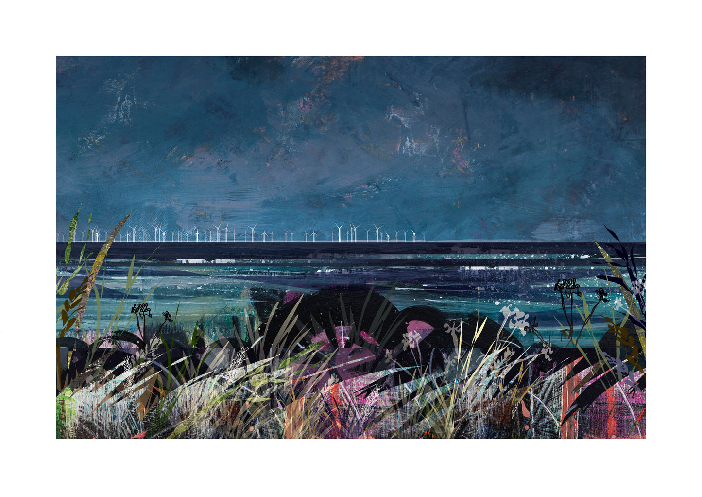 Wind Power at Sea art print by Vicki Shortt, offshore wind turbines standing in a night seascape