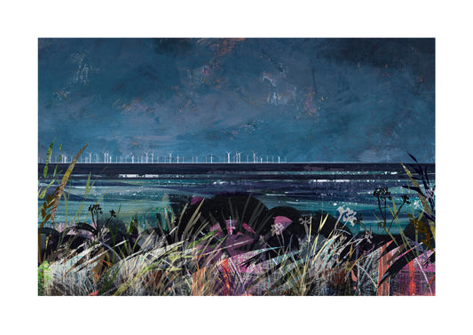Wind Power at Sea art print by Vicki Shortt, offshore wind turbines standing in a night seascape