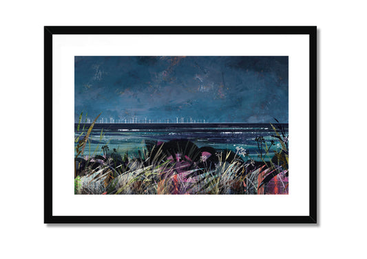Wind Power at Sea art print by Vicki Shortt, offshore wind turbines standing in a night seascape, in a black frame