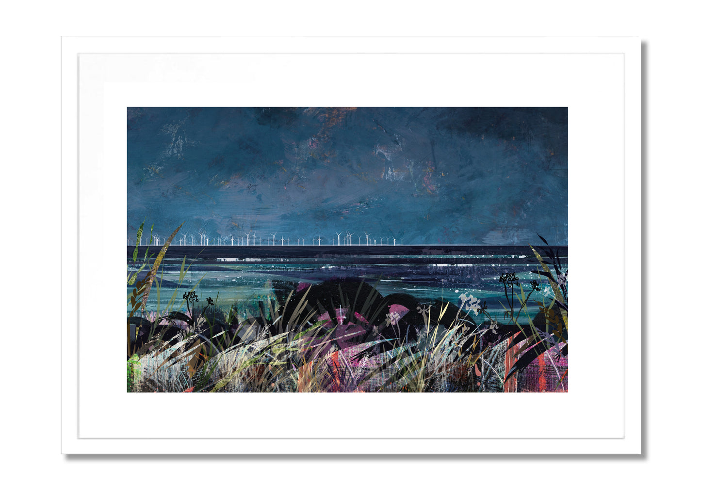 Wind Power at Sea art print by Vicki Shortt, offshore wind turbines standing in a night seascape, in a white frame