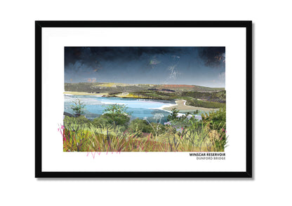 Winscar Reservoir art print by Vicki Shortt, the reservoir at Dunford Bridge, South Yorkshire, in a black frame