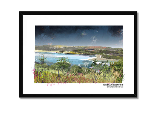Winscar Reservoir art print by Vicki Shortt, the reservoir at Dunford Bridge, South Yorkshire, in a black frame