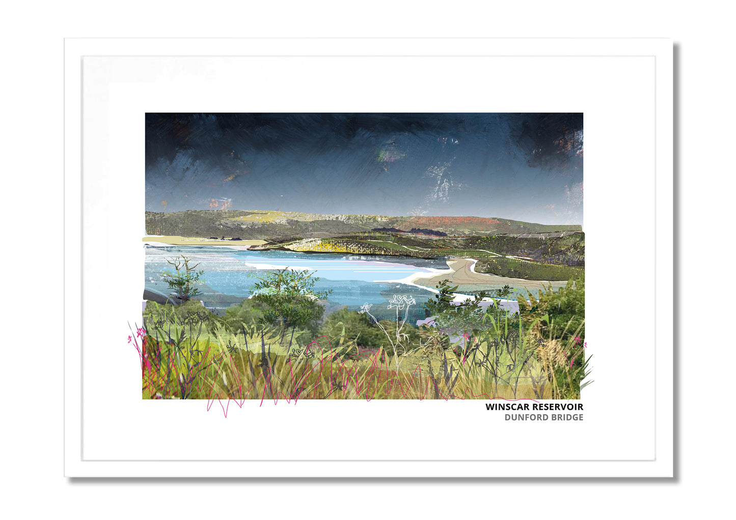 Winscar Reservoir art print by Vicki Shortt, the reservoir at Dunford Bridge, South Yorkshire, in a white frame
