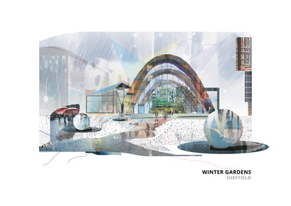 Winter Gardens Sheffield art print by Vicki Shortt, the timber-arched glasshouse in the centre of Sheffield