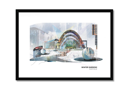 Winter Gardens Sheffield art print by Vicki Shortt, the timber-arched glasshouse in the centre of Sheffield, in a black frame