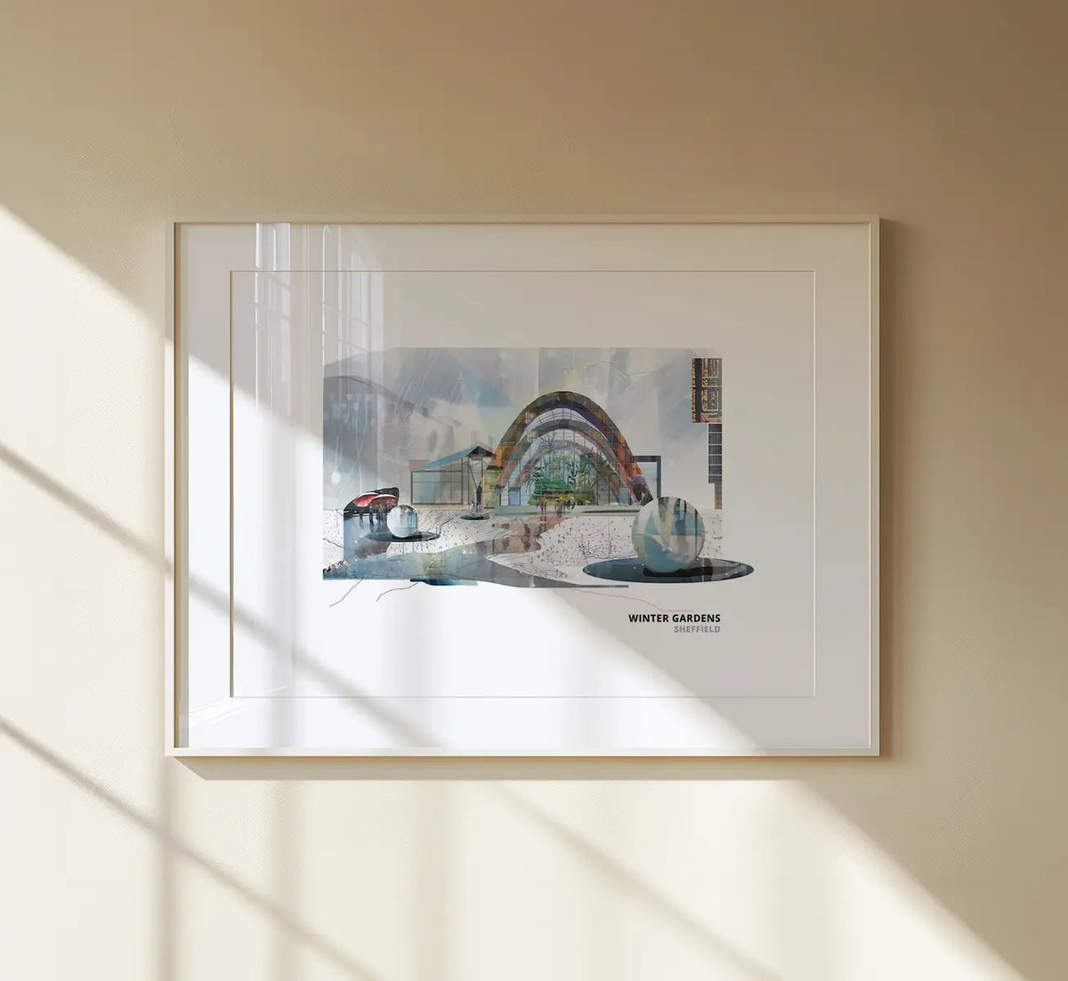 Winter Gardens Sheffield art print by Vicki Shortt, the timber-arched glasshouse in the centre of Sheffield, framed in a room setting