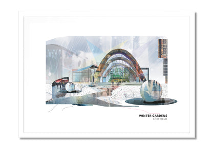 Winter Gardens Sheffield art print by Vicki Shortt, the timber-arched glasshouse in the centre of Sheffield, in a white frame