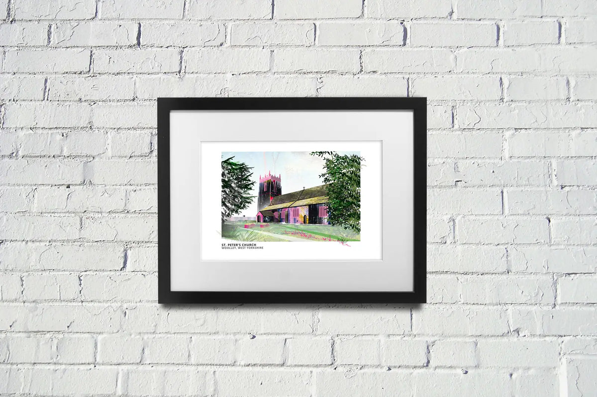 Woolley Church art print by Vicki Shortt, St Peter's Church at Woolley, West Yorkshire, framed in a room setting