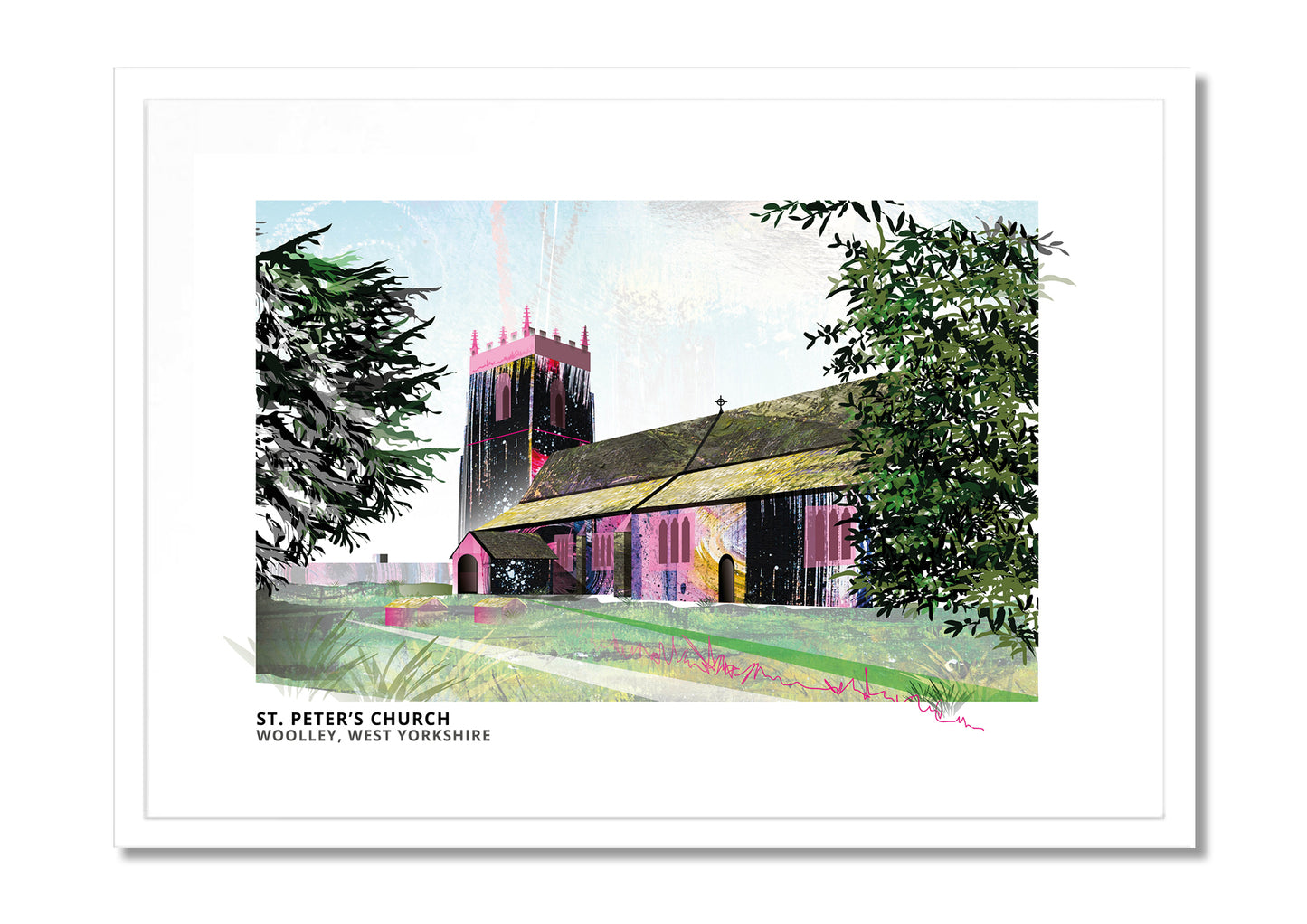 Woolley Church art print by Vicki Shortt, St Peter's Church at Woolley, West Yorkshire, in a white frame
