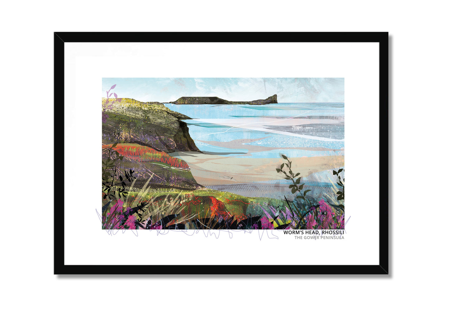 Worm's Head, Rhossili art print by Vicki Shortt, the tidal island at the end of Rhossili Bay on the Gower Peninsula, in a black frame