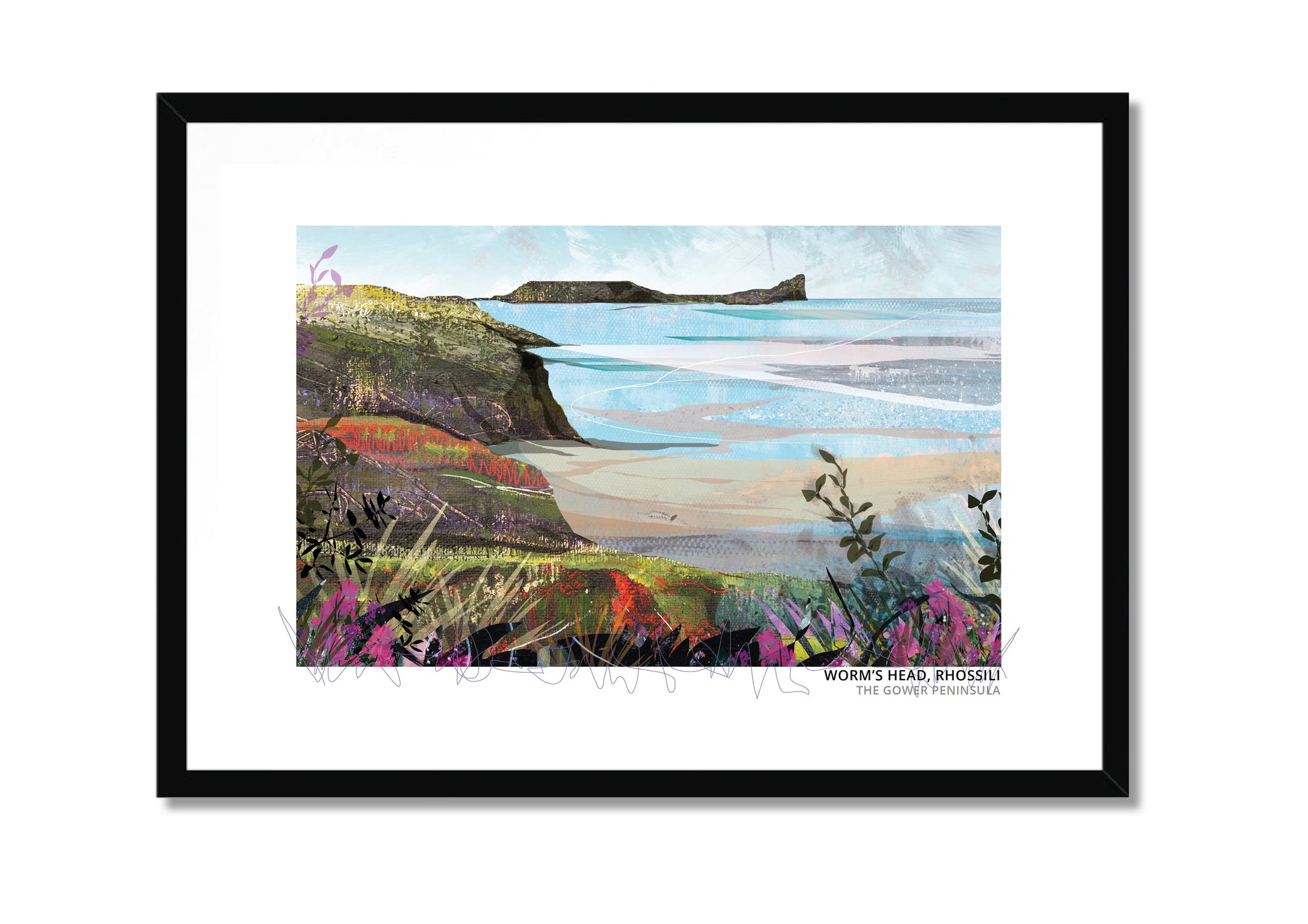 Worm's Head, Rhossili art print by Vicki Shortt, the tidal island at the end of Rhossili Bay on the Gower Peninsula, in a black frame