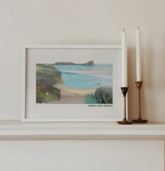 Worm's Head, Rhossili art print by Vicki Shortt, the tidal island at the end of Rhossili Bay on the Gower Peninsula, framed in a room setting