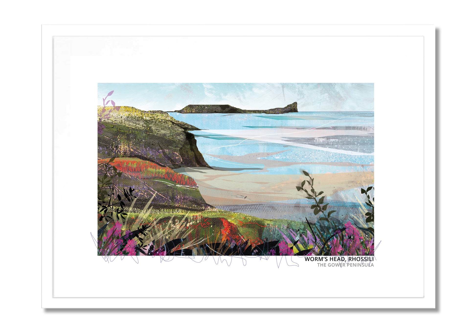 Worm's Head, Rhossili art print by Vicki Shortt, the tidal island at the end of Rhossili Bay on the Gower Peninsula, in a white frame