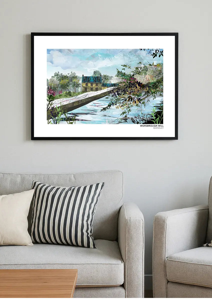 Worsbrough Mill art print by Vicki Shortt, the working water mill at Worsbrough, Barnsley, framed in a room setting