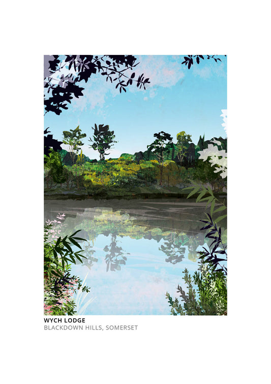 Wych Lodge art print by Vicki Shortt, the lodge set in the Blackdown Hills of Somerset