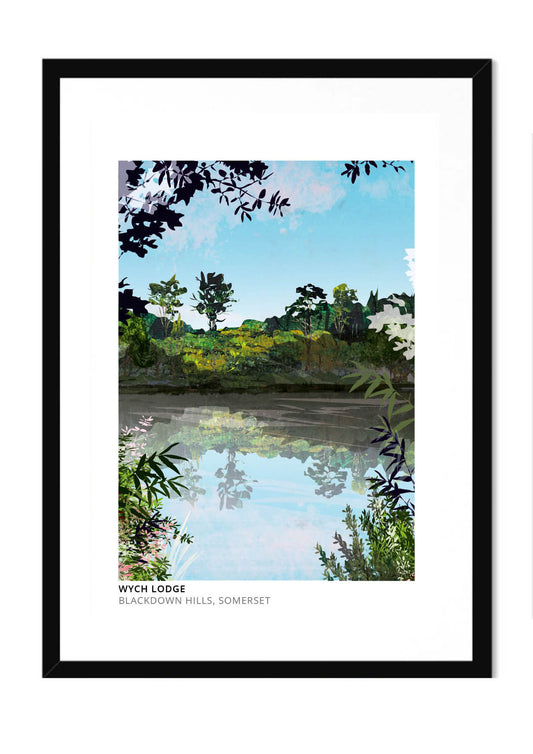 Wych Lodge art print by Vicki Shortt, the lodge set in the Blackdown Hills of Somerset, in a black frame
