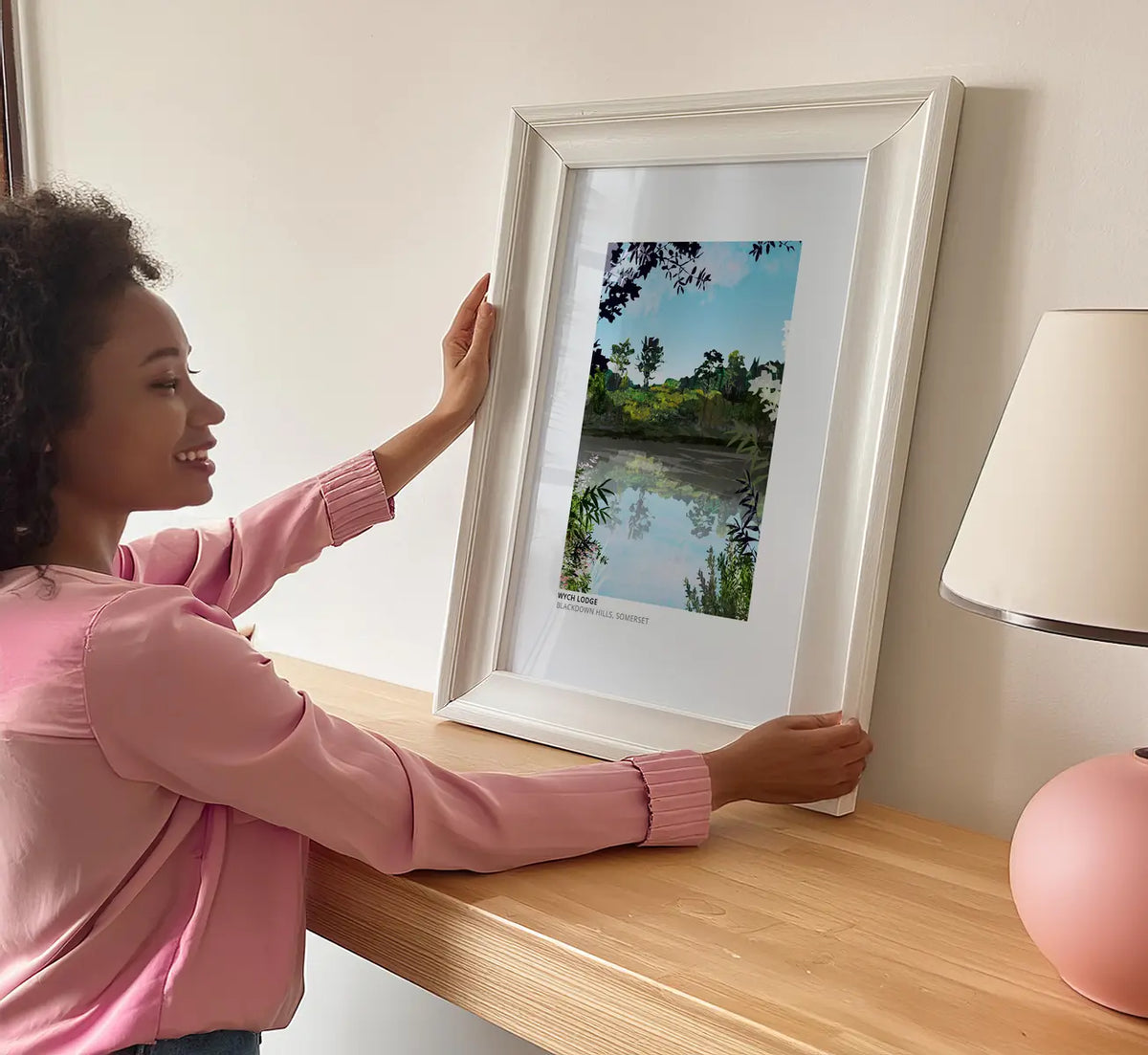 Wych Lodge art print by Vicki Shortt, the lodge set in the Blackdown Hills of Somerset, framed in a room setting