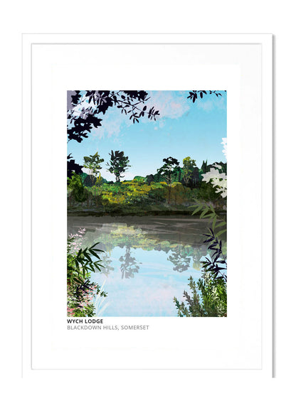 Wych Lodge art print by Vicki Shortt, the lodge set in the Blackdown Hills of Somerset, in a white frame