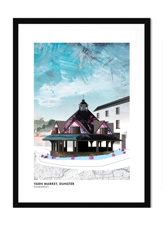 Yarn Market Dunster art print by Vicki Shortt, the octagonal seventeenth-century market building in Dunster, Somerset, in a black frame