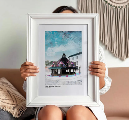 Yarn Market Dunster art print by Vicki Shortt, the octagonal seventeenth-century market building in Dunster, Somerset, framed in a room setting