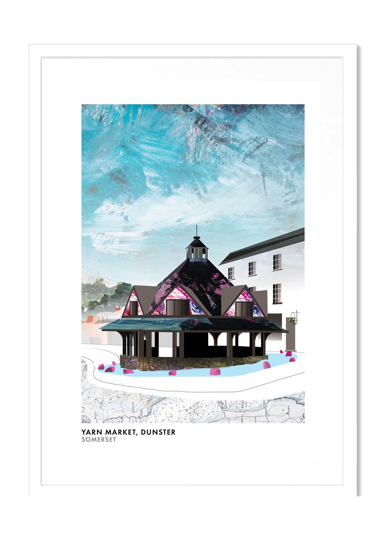 Yarn Market Dunster art print by Vicki Shortt, the octagonal seventeenth-century market building in Dunster, Somerset, in a white frame